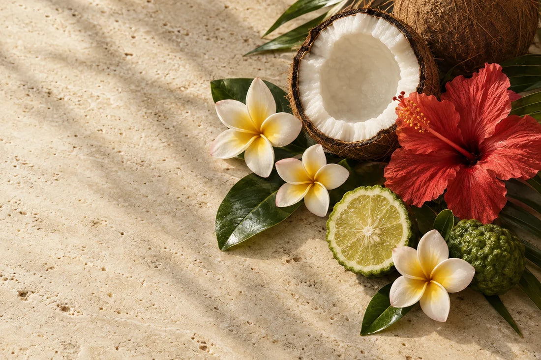 Coconut, plumeria, hibiscus and bergamot in a tropical botanical still life