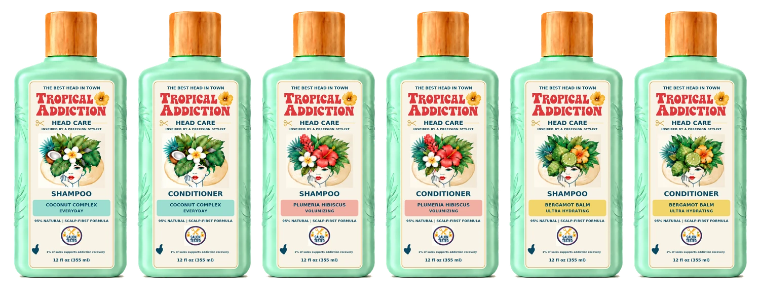 The complete six-product Tropical Addiction shampoo and conditioner concept lineup