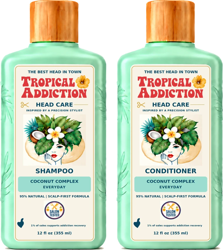 Tropical Addiction Coconut Complex shampoo and conditioner in mint bottles