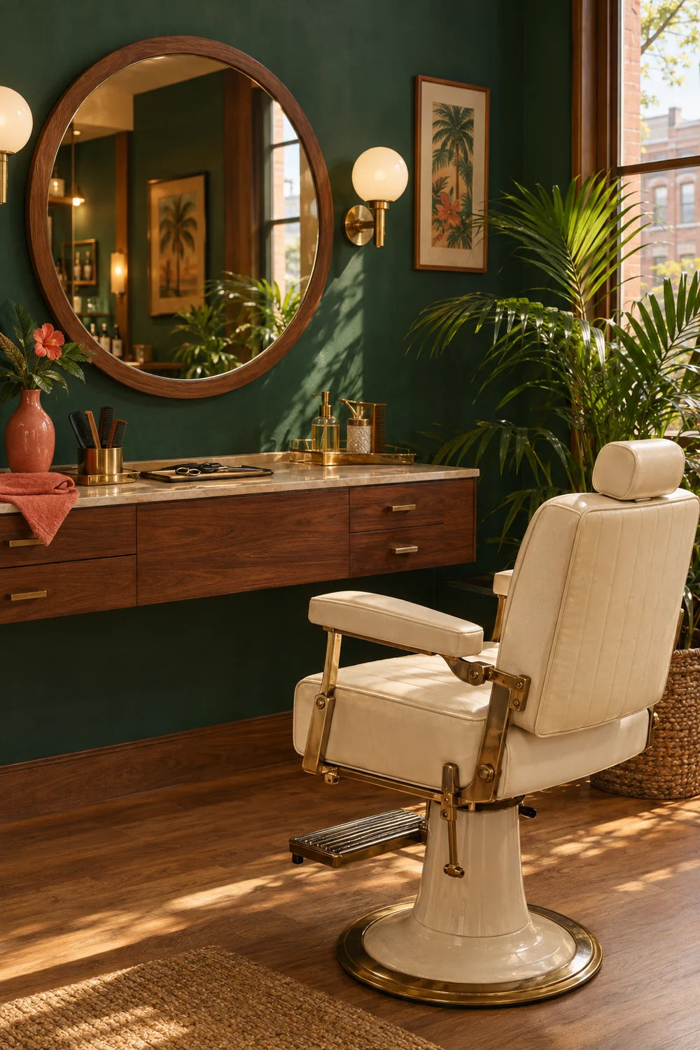 A salon-inspired editorial scene with a vintage chair, walnut mirror and warm wood